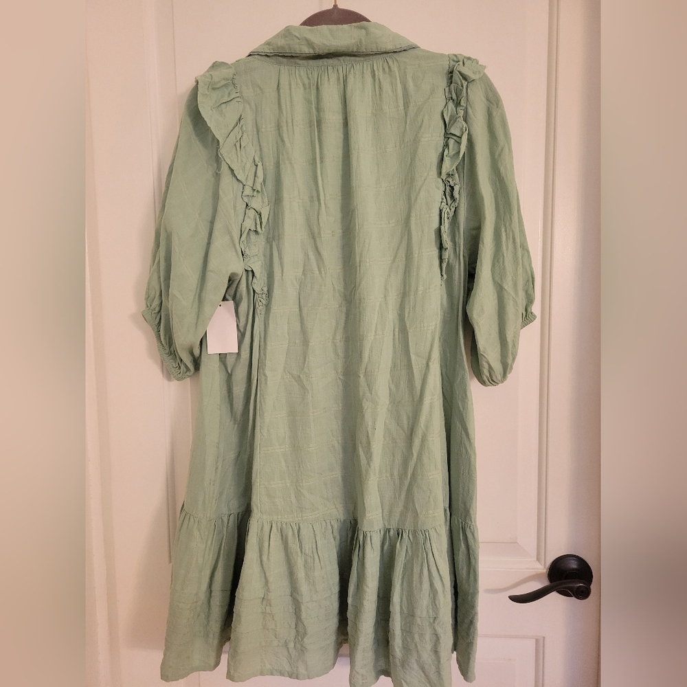 Free People Elora Pleated Ruffle Mini Dress L Windownpane Mermaid Tail Green$148 - Picture 8 of 11